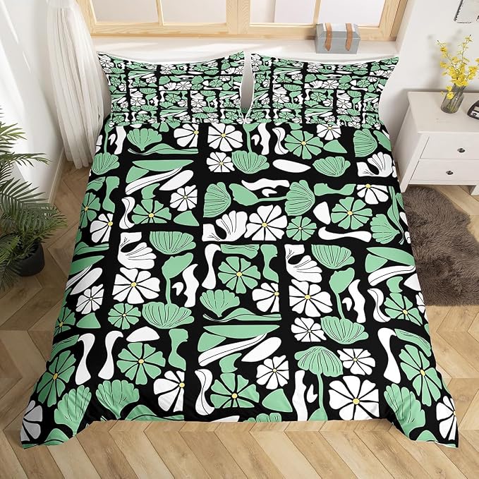 Erosebridal Boho Plants Floral Comforter Cover Queen Retro Abstract Mid Century Geometric Bedding Set Vintage White Green Flower Patchwork Duvet Cover for Kids Adults,Modern Simple Bed Set