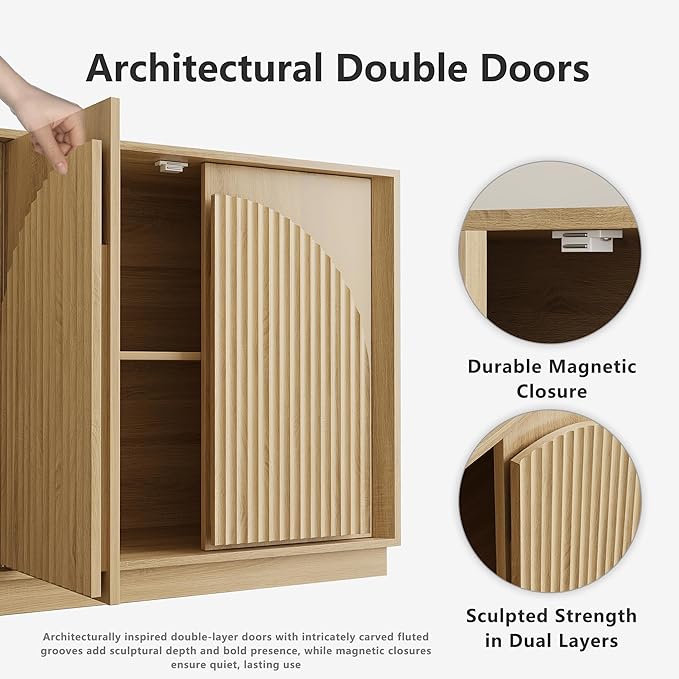 win2win Fluted Sideboard Buffet Cabinet with Storage, 65" Modern Accent Cabinet with Double-Layered Arch Doors, Wood Boho Media TV Console Table Credenza for Living Dining Room Hallway Entryway, Oak