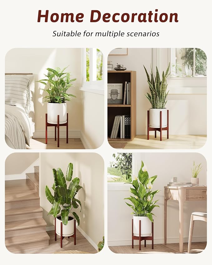 GENTINGBRO Adjustable Plant Stand Indoor, Bamboo Plant Stand Fits 8 9 10 11 12 Inches, Small Corner Planter Holder for Indoor Plants, Single Floor Plant Stands for Living Room Balcony, Reddish Brown