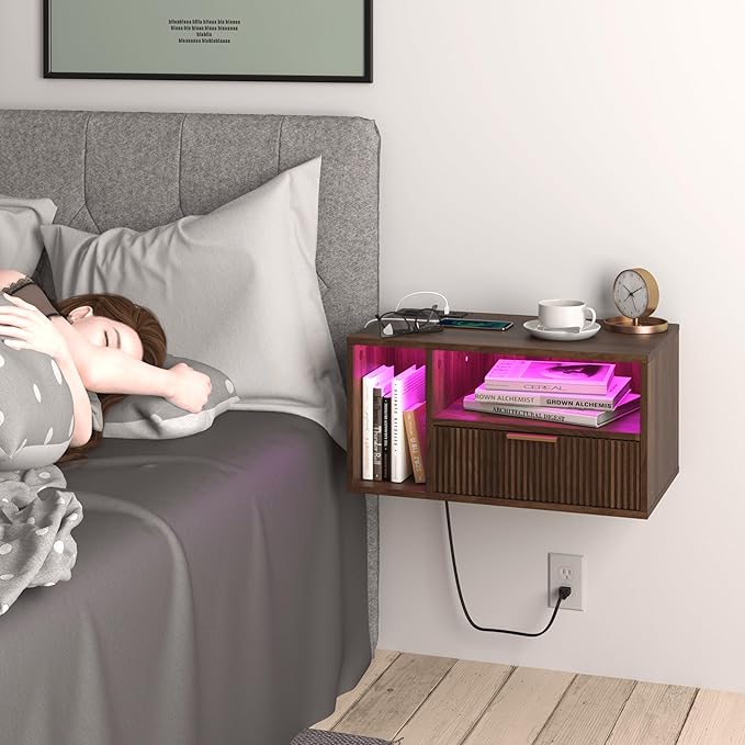 Floating Nightstand with Charging Station and LED Lights, Walnut Brown