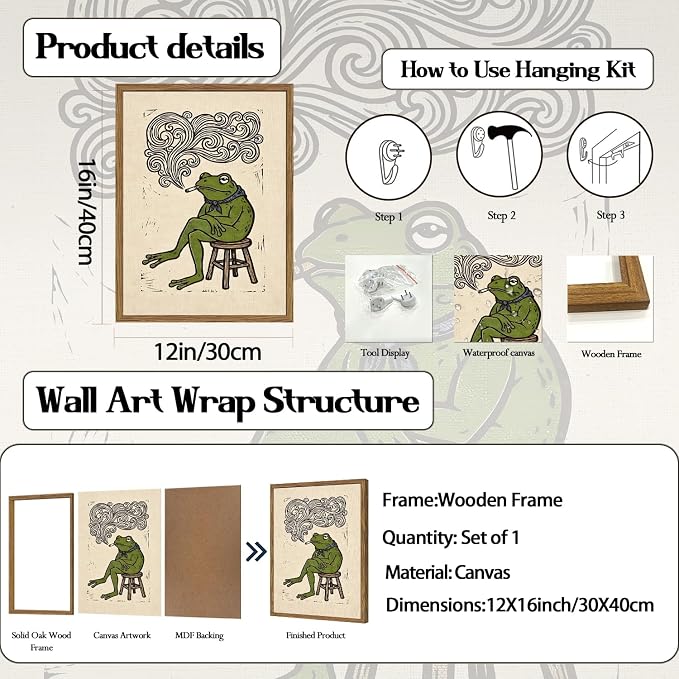 Funny Bandana Frog Wall Art Vintage Japanese Frog Bar Wall Decor Painting, Quirky Animal Poster Canvas Print Picture for Living Room Bedroom 12x16 inch Wood Framed