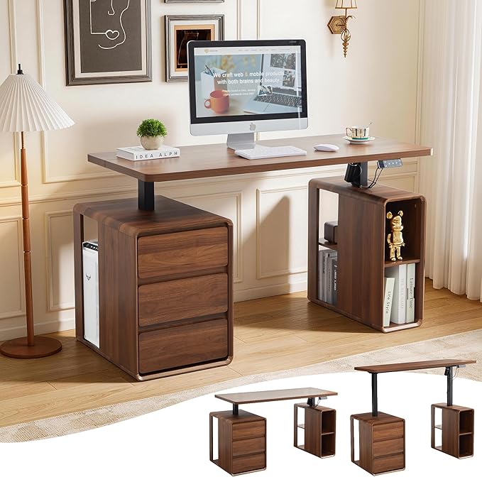 Electric Standing Desk with Drawers, 55" Office Desk Height Adjustable Executive Desk with Storage Shelves, Simple Setup Wood Desk Home Office Stand up Desk for Work, Study, Writing, Walnut