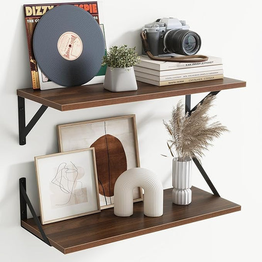 Floating Shelves for Wall Decor,24" Wx8 D Wall Mount Floating Bookshelf Set of 2,Hanging Storage Shelf with Sturdy Metal Brackets,Wooden Shelf for Living Room,Bedroom,Bathroom,Walnut