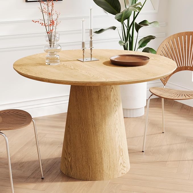JUSTONE 43.3" Round Dining Table for 4-6,Wood Farmhouse Rustic Kitchen Table with Mid-Century Modern Pedestal Base, Natural Finish for Dining Room/Kitchen/Living Room(Natural)
