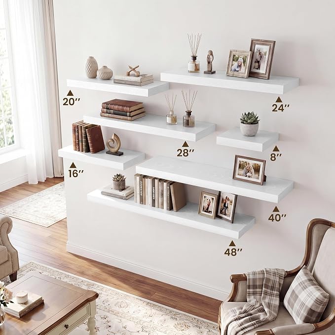 RICHFOCUS 8 Inch Floating Shelves for Wall Small Square Shelves Set for Bedroom|Kitchen|Bathroom|Laundry Room Rustic Wood Wall Mounted Shelf with Invisible Brackets for Books|Storage|Decor, White
