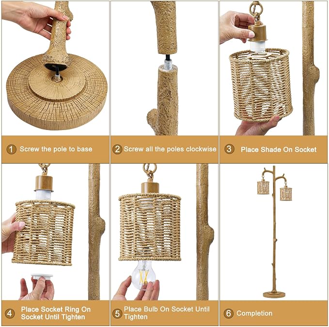 EJIAXIN Floor Lamp for Living Room - 69" Farmhouse Tree Trunk Standing Lamps - Country Resin Tall Lamp with 2 Rattan Lampshade - Rustic Floor Lamp for Bedroom Office Home Decor
