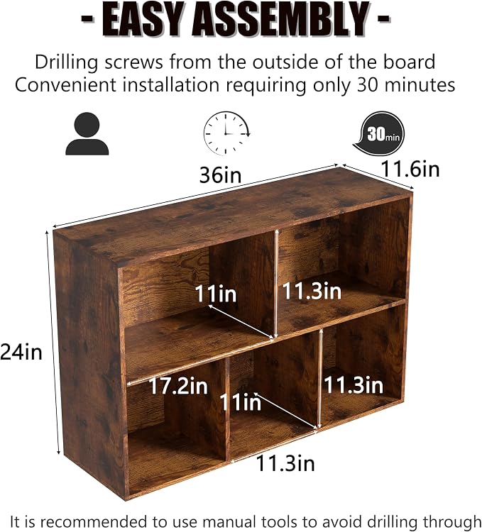 Wooden 5 Cube Storage Organizer with Closed Back Panel,White Cube Shelf Cubby Storage Organizers with Compartments for Living,Bookshelf,Organizers Easy to Install (Retro Brown, 5 Cube)