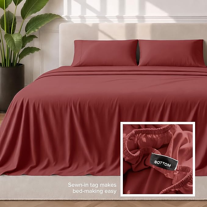 Bare Home Queen Sheet Set - 1800 Ultra-Soft Microfiber Queen Bed Sheets - Double Brushed - Deep Pockets - Easy Fit - 4 Piece Set - Bedding Sheets & Pillowcases (Queen, Rosewood)