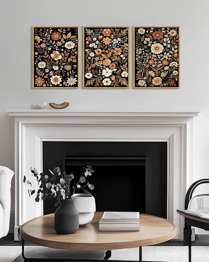 KUVIOKE Orange Vintage Flower Framed Wall Art Boho Floral Wall Decor Retro Wildflower Modern Art Prints for Living Room Bedroom 12x16in (Natural Framed)