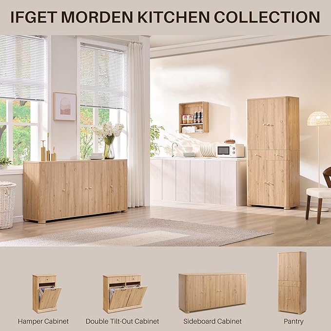 Curved Buffet Cabinet with Doors, 66" Large Sideboard Buffet Storage Cabinet with 4 Doors and Shleves, Modern Coffee Bar Station Wood Kitchen Table for Kitchen, Dining Room, Natural