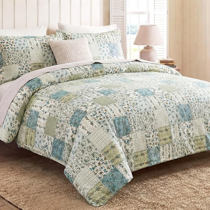 Blue Floral Duvet Cover Set Twin Size 100% Cotton Botanical Patchwork Vintage Bedding Quilt Cover All Season 2 Pieces Soft Lightweight Comforter Cover