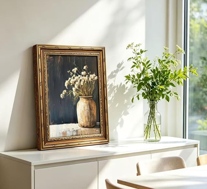 Vintage Gold Framed Wall Art,Fall Dried Flowers Antique Vase Country Oil Painting Canvas Prints,Dark Moody Rustic Farmhouse Floral Still Life Picture,for Living Room Bedroom Shelf Decoration, 9x11in