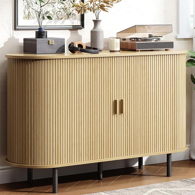 Buffet Cabinet with Storage, Fluted Sideboard Buffet with Sliding Door, Coffee Bar Cabinet with Adjustable Shelf, Console Table, Accent Table for Entryway, Kitchen (Oak, 48 Inch)