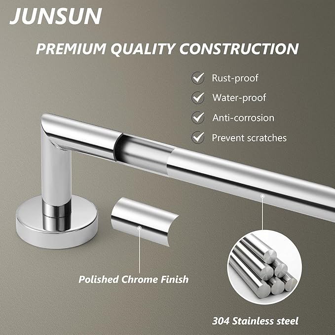 JunSun Bathroom Towel Bar 12 Inch Polished Chrome Towel Racks Wall Mount Bath Hand Towel Holder Modern Home Decor Towel Rod Bathroom Hardware Stainless Steel Towel Hangers Towel Rail Single Towel Bars