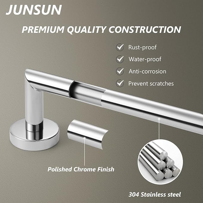 JunSun Bathroom Towel Bar 12 Inch Polished Chrome Towel Racks Wall Mount Bath Hand Towel Holder Modern Home Decor Towel Rod Bathroom Hardware Stainless Steel Towel Hangers Towel Rail Single Towel Bars
