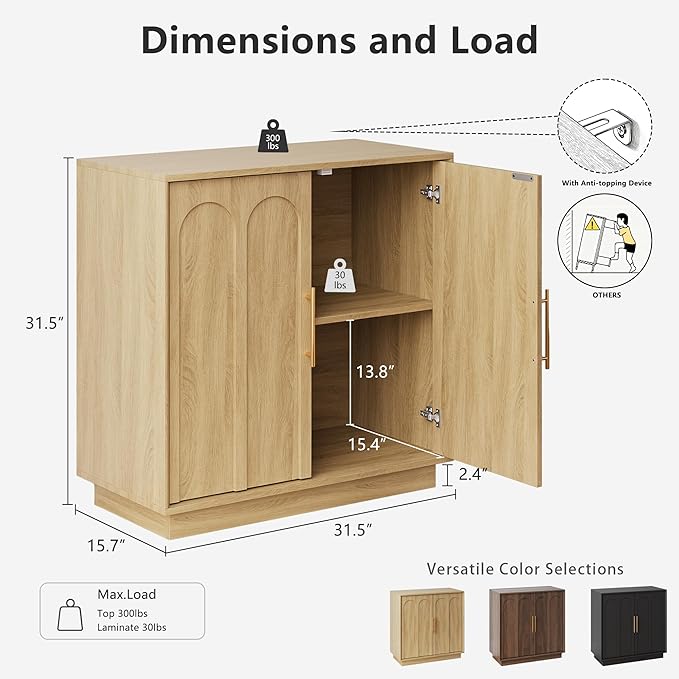 Sideboard Buffet Cabinet with Storage Set of 2, Mid Century Modern Accent Cabinet with Arched Doors, Modular Media Console, Credenza for Living Room Kitchen Dining Room Entryway, Oak