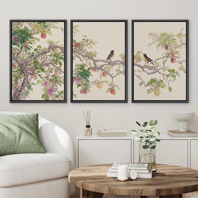 wall26 Framed Print Wall Art Set Watercolor Fruit Tree Branch with Birds Botanical Decorative Minimal Relax/Zen for Living Room, Bedroom, Office - 16"x24"x3 BLACK