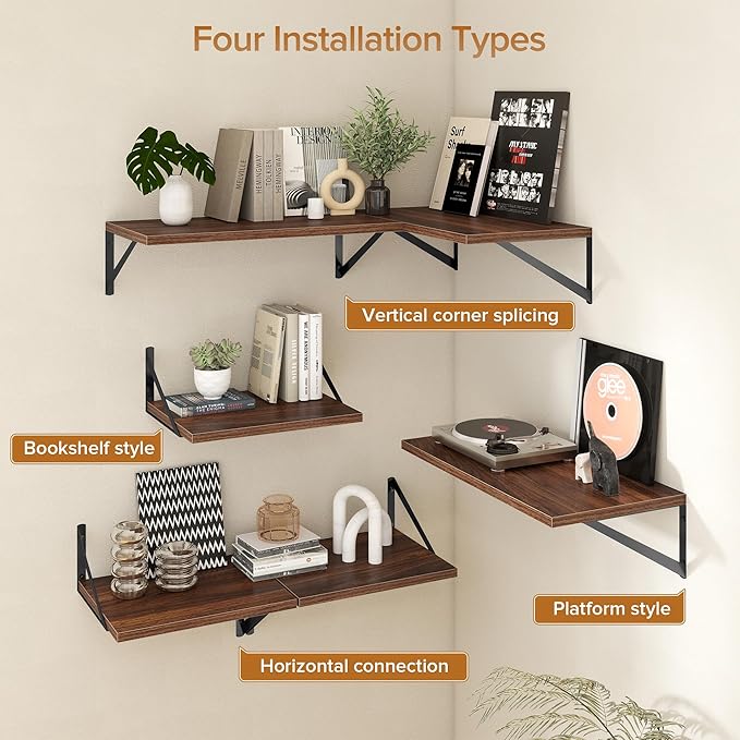 Deep Floating Shelves Wall Mounted, 36"x12" Walnut Wall Shelves with Brackets Set of 2 for Bedroom, Living Room, Bathroom, Kitchen, Office - Storage & Display Shelf for Decor, Books, Plants