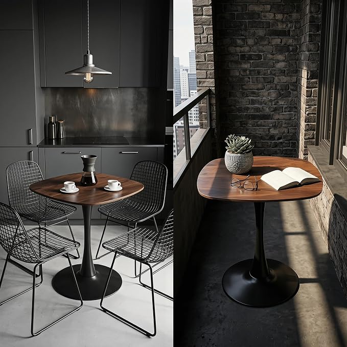 24" Square Tulip Dining Table for 2-4, Small Dining Table with Black Pedestal Base, Dark Walnut Top, Modern Kitchen Table, Bistro Cafe Table for Apartment Small Space Living Room