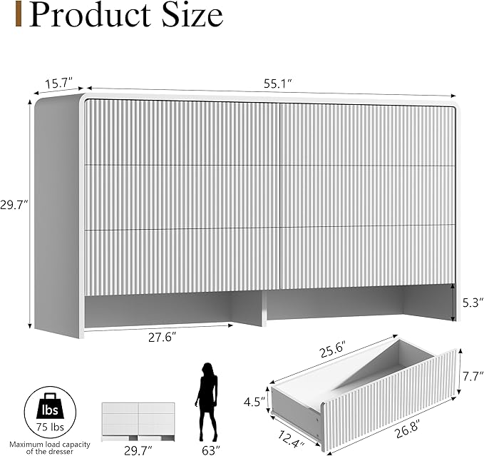 55" Wide Modern Dresser for Bedroom, 6 Drawer Chest of Drawers with Curved Design, Push-to-Open Storage Dresser, White