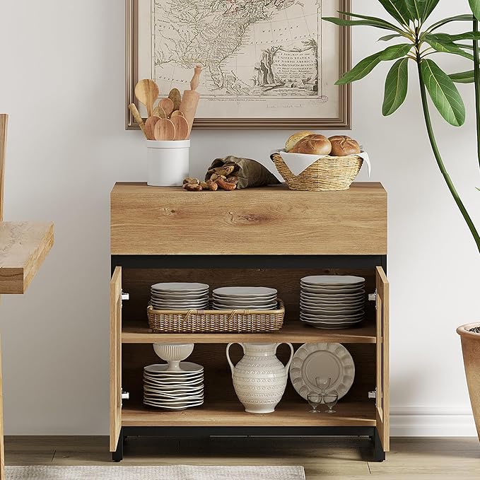 WAMPAT Sideboard Buffet Cabinets with Glass Doors and Drawer, Modern Sideboard Credenza with Adjustable Shelf, Coffee Bar Cabinet Storage Cabinet for Living Room, Kitchen, Oak