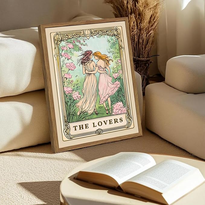 Trendy The Lovers Tarot Card Wall Art Vintage Girl Wall Decor Painting, Mid Century Couples Poster Canvas Print Picture for Living Room Bedroom 16x24 inch Wood Framed
