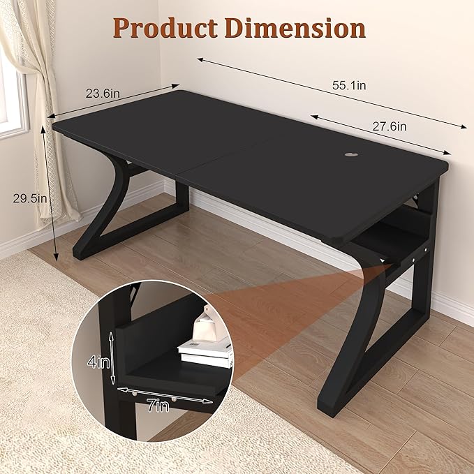 AZN Computer Desk, 55x24 in Computer Desk, Office Desk w/Storage & U-Size Metal Frame for Home Office Bedroom Gaming, Office Desk w/Water-Resistant, Scratchproof Surface, Black