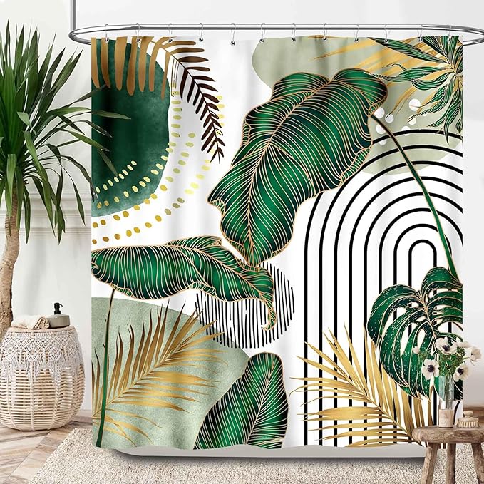 Boho Leaf Shower Curtain，Mid Century Green Gold Abstract Tropical Plant Minimalist Modern Geometric Palm Leaf Arch Bathroom Decor Fabric Polyester Waterproof 12 Pack Hooks,72x78Inch