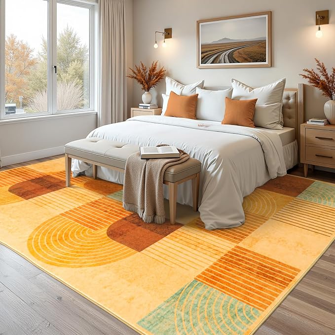 Large 9x12 Area Rugs for Living Room, Washable Modern Geometric Rug for Bedroom, Soft Non-Slip Indoor Floor Abstract Carpet for Dining Room Nursery Home Decor，Multi/Orange