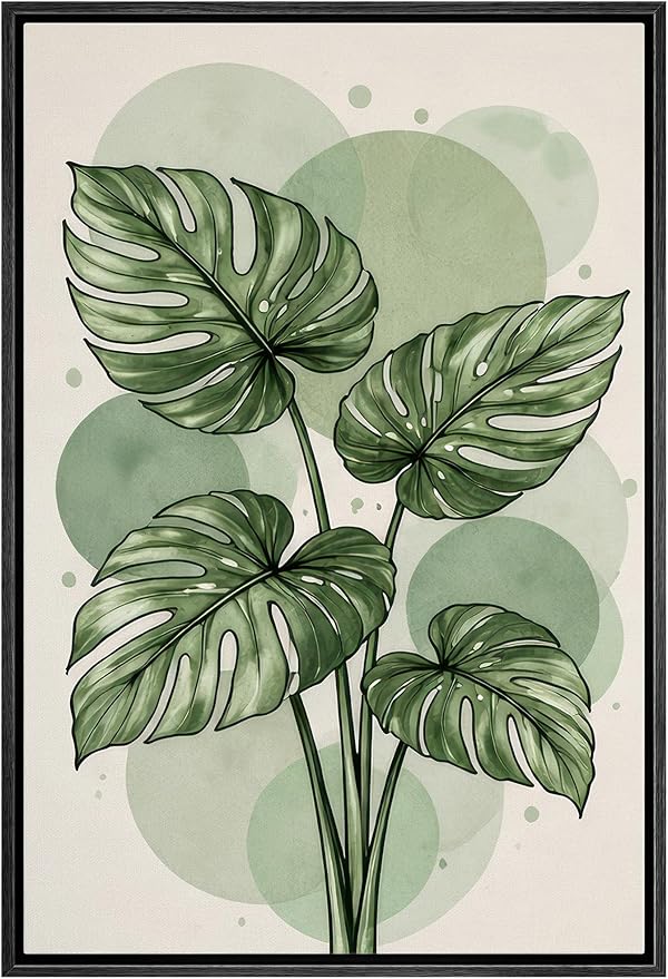 Woodrose Framed Canvas Print Wall Art Green Monstera Leaves Botanical Illustrations Modern Art Minimalist 3D Colorful Ultra for Living Room, Bedroom, Office - 16"x24" BLACK
