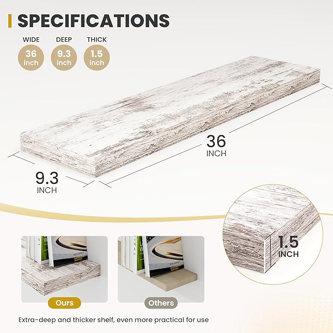 36 Inch Floating Shelves, 9.3" Deep Floating Shelf Wall Mounted, 36" Wall Shelves, Rustic Deep Bookshelf, Large Display Shelves & Storage Shelves for Bedroom, Living Room, Rustic, Set of 2