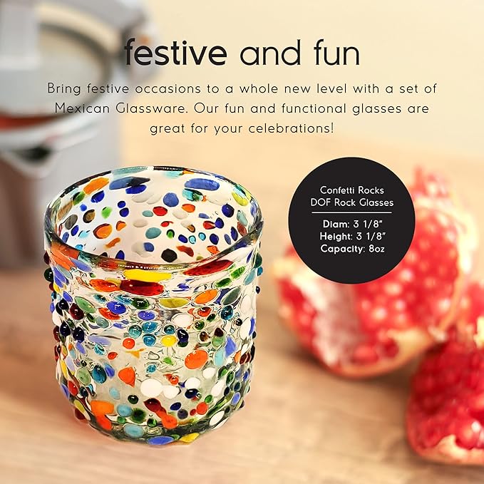 Confetti Rocks 8 oz DOF Glasses (set of 6) Mexican Handmade Multicolor Glassware, Recycled Glass, Lead-free, Toxin-Free (DOF Rocks)