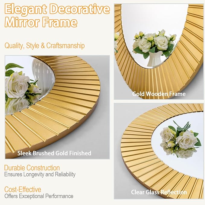 Chende 42'' Round Gold Mirror for Living Room, Large Decorative Mirror for Wall with Wood Frame, Elegant Accent Gold Mirrors for Bathroom, Entryway, Bedroom