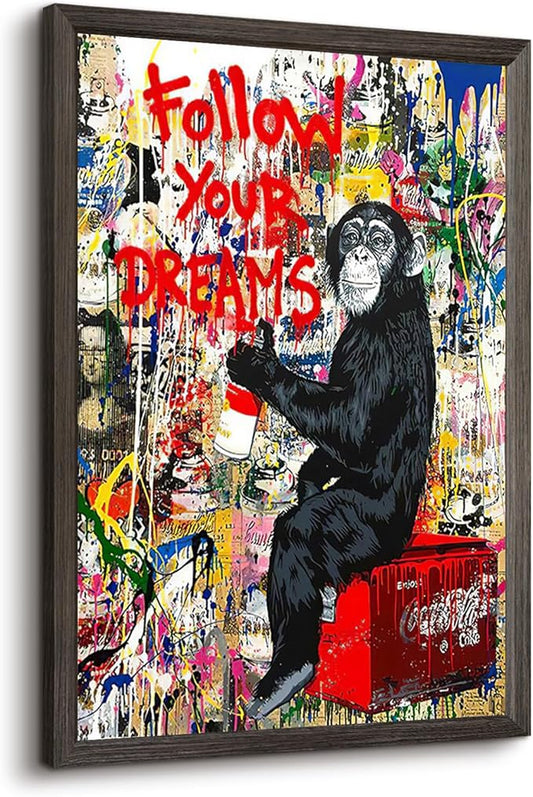 Banksy Canvas Wall Art Monkey Follow Your Dreams Street Graffiti Wall Art Banksy Prints Gorilla Poster Monkey Artwork Graffiti Pictures Painting for Home Living Room Decor 12x16 Inch Wood Framed