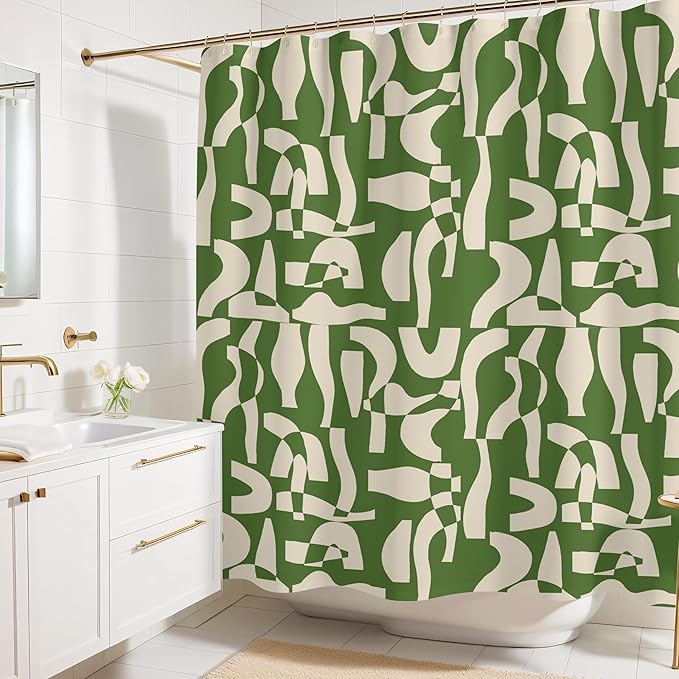 Modern Green and Ivory Geometric Pattern Print Shower Curtain – Abstract Minimalist Fabric Design – Neutral Trendy Bathroom Décor – 72x72 Inches (Geo Green)
