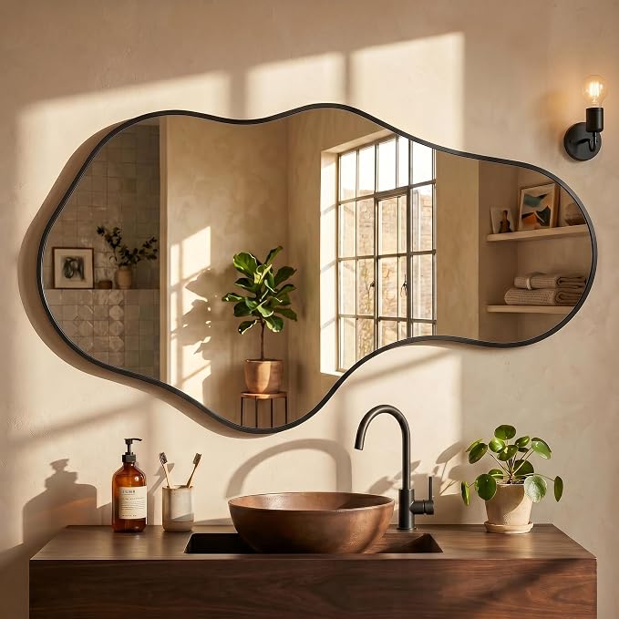 Irregular Wall Mirror, 24"x40" Black Abstract Asymmetrical Mirrors for Wall, Decorative Cloud Aesthetic Mirror for Bathroom, Bedroom, Cloakroom, Entryway, Shatter-Proof Aluminum Alloy Frame