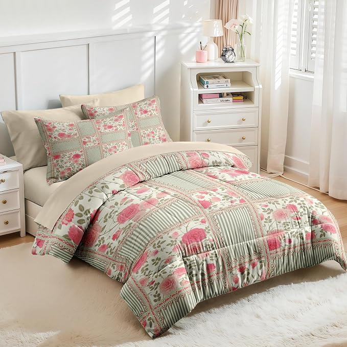 Nesker Comforter Set King Size, Floral Rose Leaves 7 Pcs Bedding for Kids and Adults, Shabby Chic Checkered Flower Bed Sheet Sets with Fitted Sheet 2 Pillowcases & 2 Shams