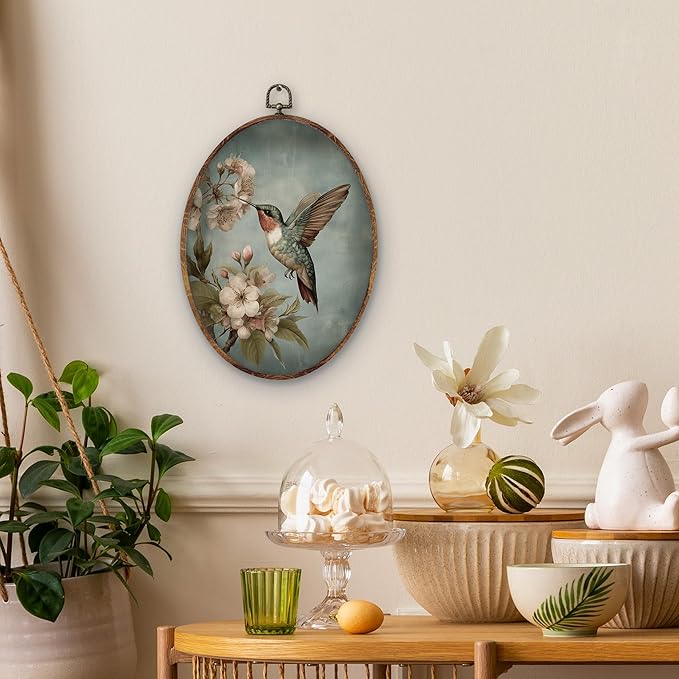 DILSJ Hummingbird Floral Oval Wall Art Decor, Bird Lover Gifts Canvas Wall Art Framed, Vintage Retro Botanical Flower Bird Hanging Decorations for Home Bedroom Living Room Decor, 11x8.5 Inch