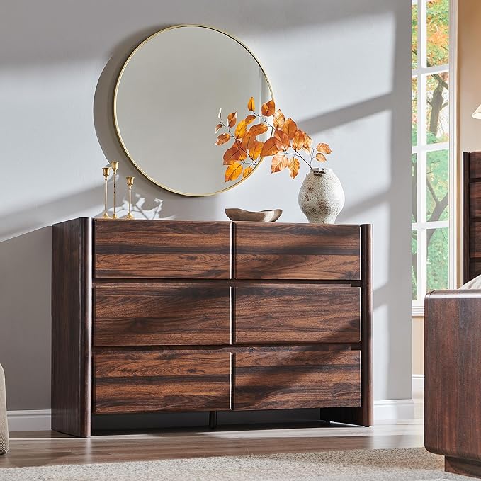 Modern 6 Drawers Dresser for Bedroom, 47" Wide Dresser w/Large Storage & Rounded Corner, Wood Handleless Chests of Drawers w/Natural Texture for Bedroom, Hallway, Living Room-Brown