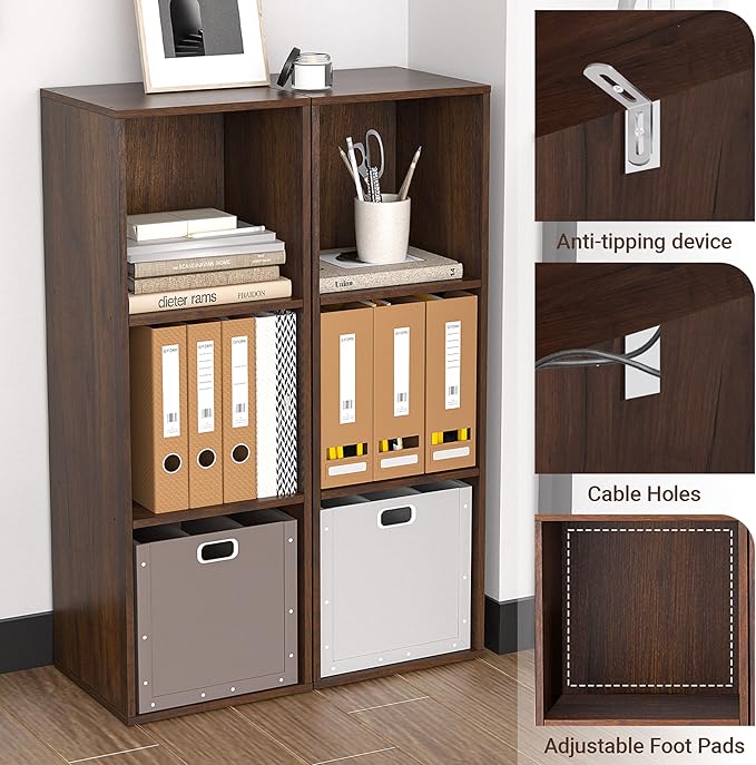 3 Cube Storage Organizer, 3Tier Cube Low Bookcase Freestanding Storage Display Organizer, Three-Cubes Open Shelf Bookshelf for Home Office (Dark Walnut,Black Walnut, 3-Cube)