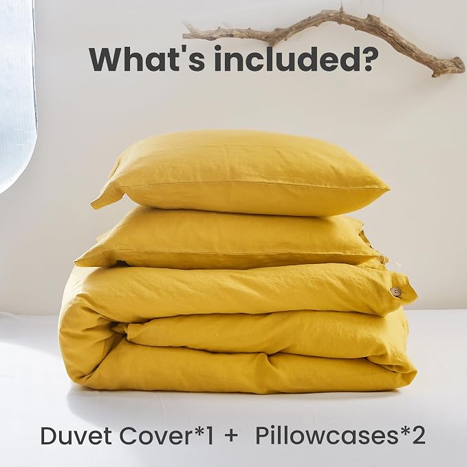 Simple&Opulence 100% Linen Duvet Cover Set 3pcs with Coconut Button Closure Natural French Washed Flax Solid Color Soft Breathable Farmhouse Bedding - Mustard Yellow, King Size