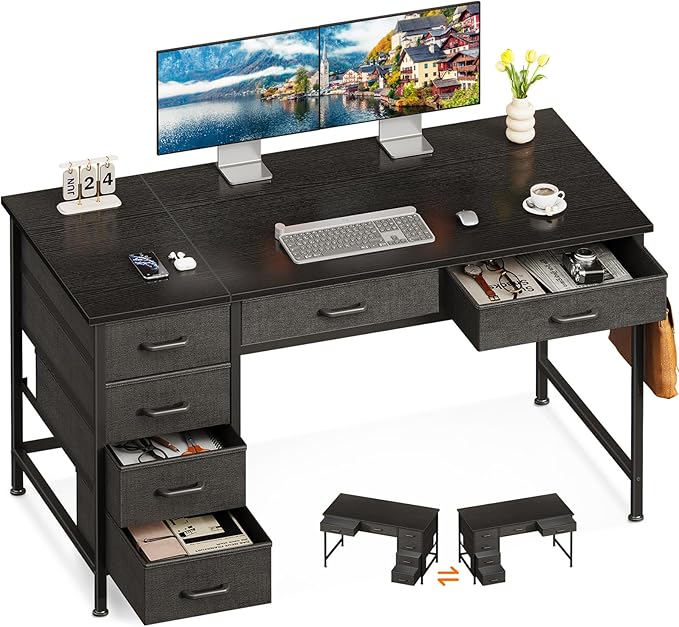 ODK Computer Desk with 6 Drawers, 48 Inch Office Desk with Storage, Reversible Desk with Headphone Hook for Home Office, Work Study Table for Bedroom, Black