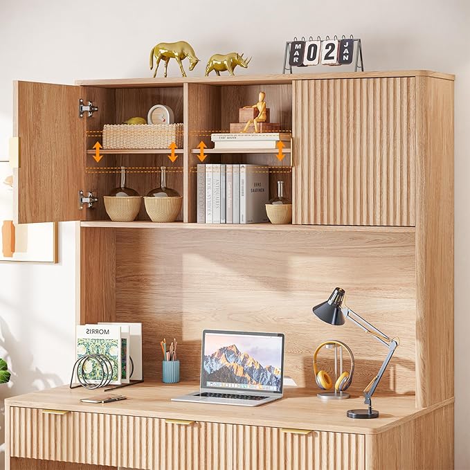 Vabches 67" H Executive Desk with Fluted Drawers,4 Drawers Fluted Computer Desk,Wood Workstation with Hutch and Barn Doors for Work and Study,Oak
