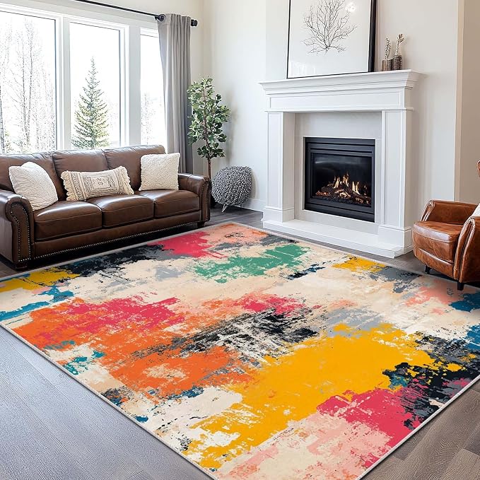 9x12 Colorful Area Rug Modern Abstract Beige Orange Yellow Pink Blue Black White Grey Rug Bedroom Low Pile Thin Large Carpet Living Room Non Slip Dining Room Stain Resistant Office Washable Machine