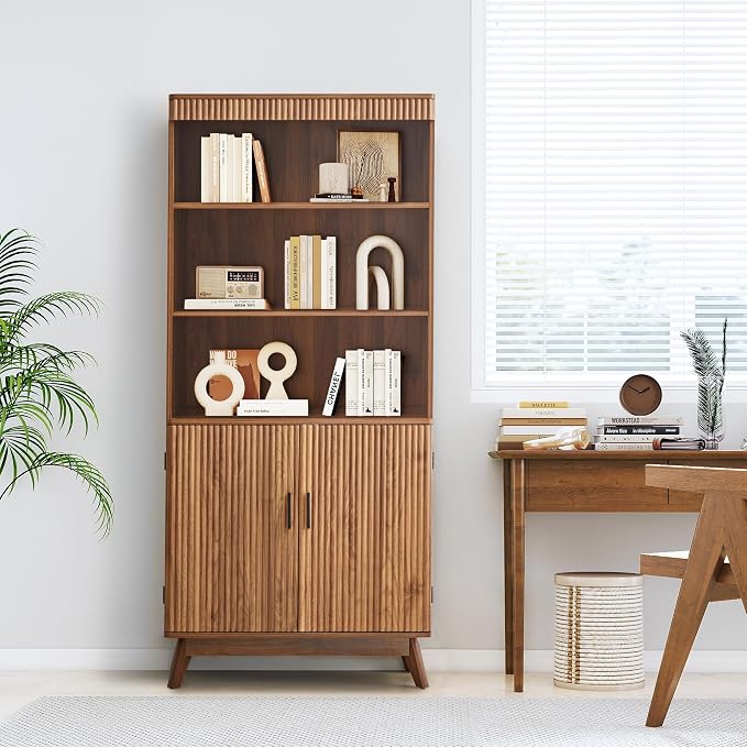 68" Fluted Tall Bookcase with Storage Cabinet,Mid-Century Modern 5-Tiers Arched Bookshelf Cabinet with Doors, Arched Bookcase with Open Display Storage Shelf for Home Office Bedroom Living Room,Walnut