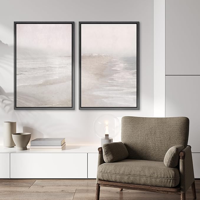 IDEA4WALL Framed Canvas Print Wall Art Set Abstract Beach Shore Ocean Wave Landscape Nature Wilderness Illustrations Modern Art Decorative Coastal Cottage Seascape for Bedroom - 16"x24"x2 Black