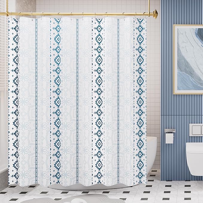 AmazerBath Boho Shower Curtain, 72x72 Washable Cloth Navy and White Shower Curtains for Bathroom, Fabric Rustic Neutral Shower Curtain Set with 12 Hooks, Modern Camper RV Dorm Stall Shower Curtain