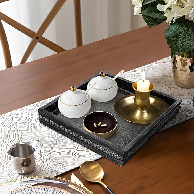 MAONAME Wood Serving Tray, Farmhouse Wooden Tray for Coffee Table, Rustic Square Trays with Beads, Vintage Black Decorative Trays for Living Room, Kitchen, 12" X 12" X 1.6"