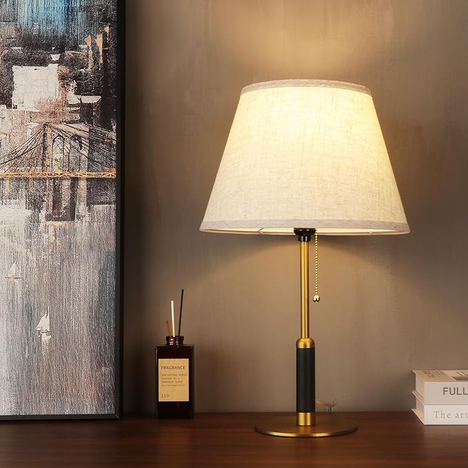 21" Modern Bedside Lamp Mid Century Table Lamp, Pull Chain Nightstand Lamp for Bedroom Living Room 3-Color Light, Solid Wood/Metal/Fabric for Home/Office/Desk Decor (Light Brown+Brass)