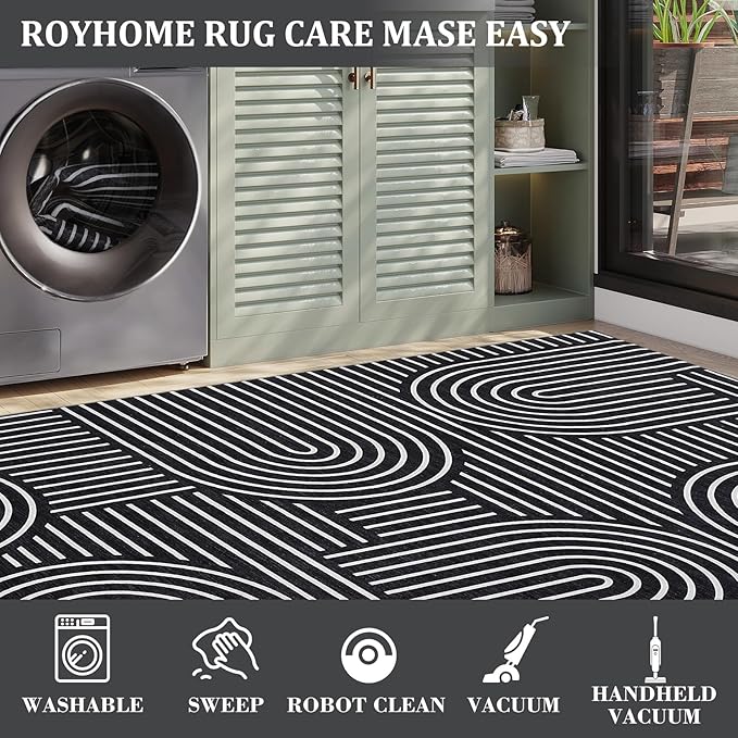 Washable Rug 2x3 Area Rugs for Entryway, Abstract Rug for Bedroom, Soft Rainbow Non Slip Small Area Rug with Rubber Back, Low Pile Stain Resistant Boho Geometric Carpet for Dining Room, Black